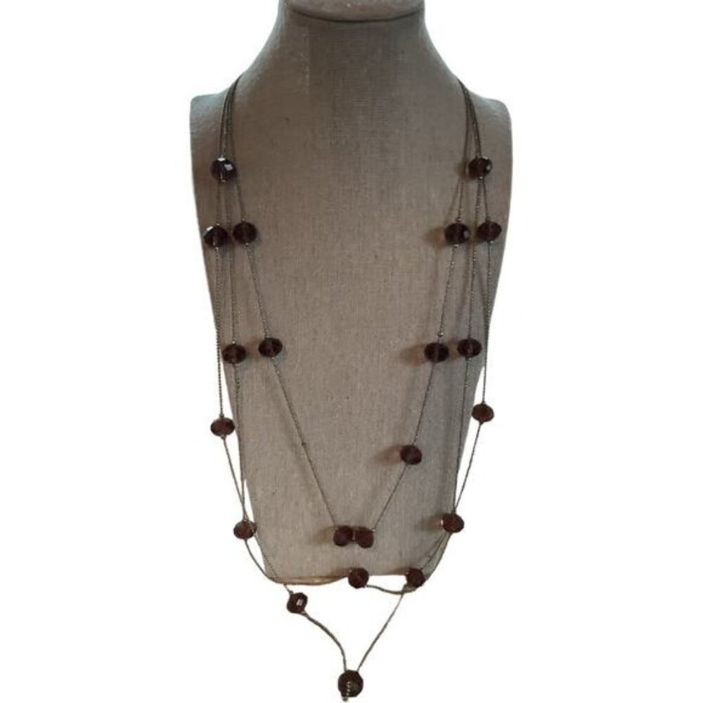 Long Multi-Strand Necklace With Purple Beads & Silver Chains